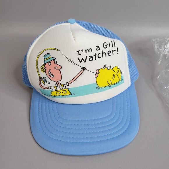Vintage 90s Streetwear I'm A Gill Watcher Fishing Trucker Hat Cap Snapback Blue - Picture 5 of 7